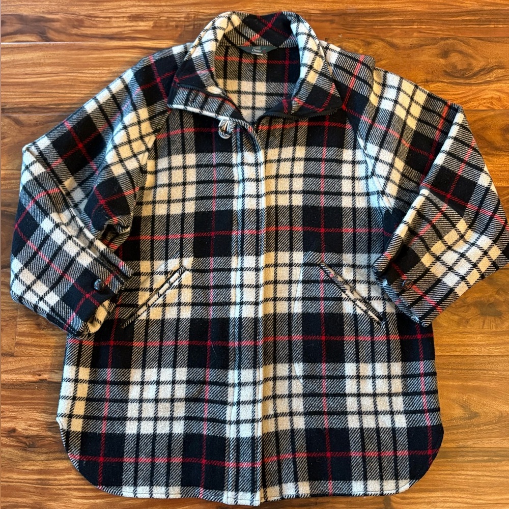 Orvis Women’s Vintage Plaid Wool Jacket M L Capelet Coat Red Black Zip Front